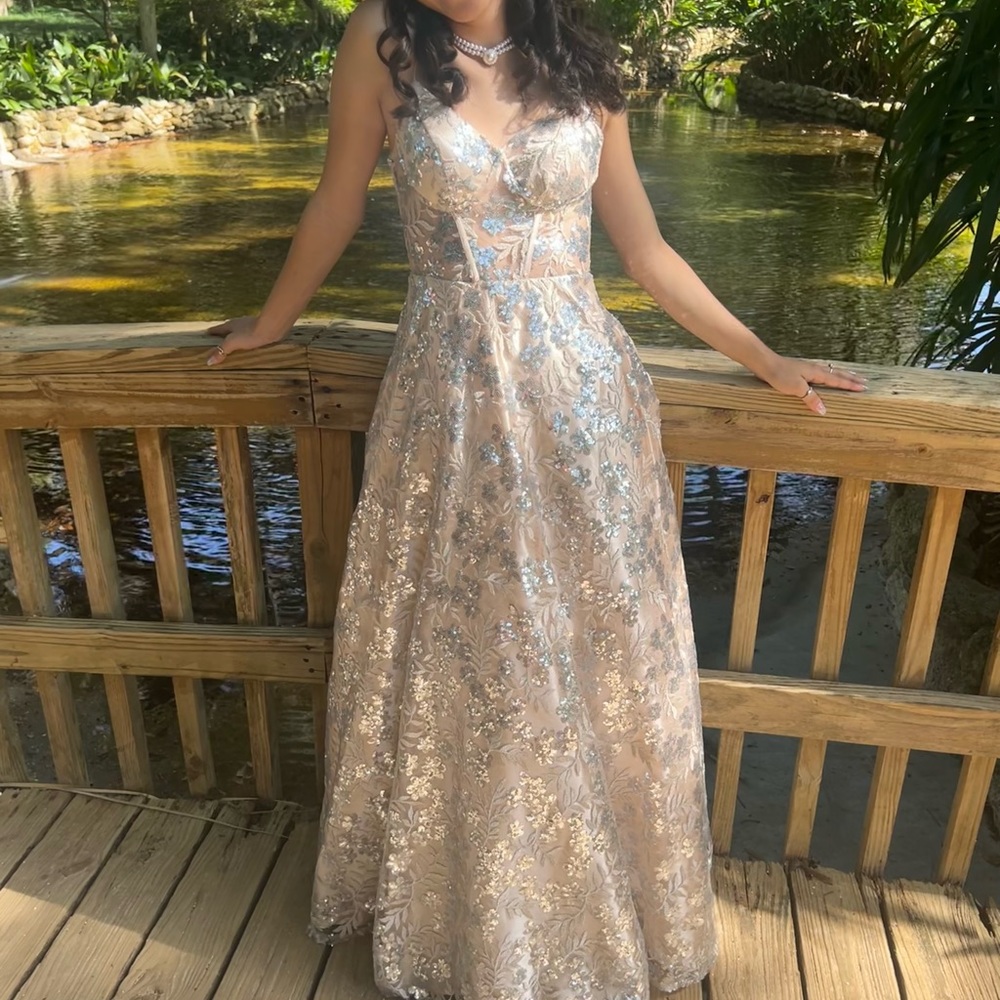 Beige and Silver sequin prom dress